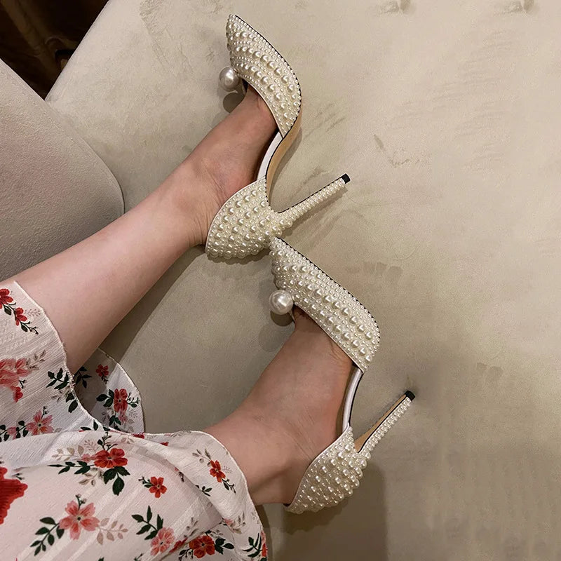 Luxury full pearls Beaded Decoration Women Pumps Elegant Pointed toe Thin High heels Female Wedding Bridal Banquet Prom Shoes