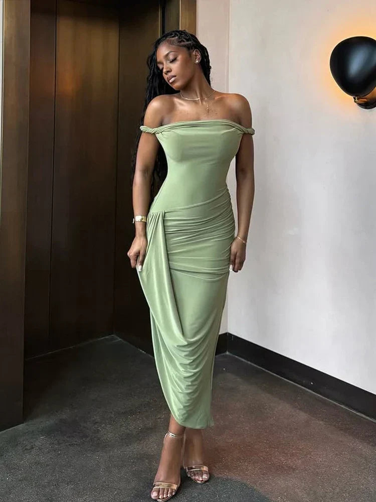 Ruched Off Shoulder Slim Midi Dress - VelvetHem