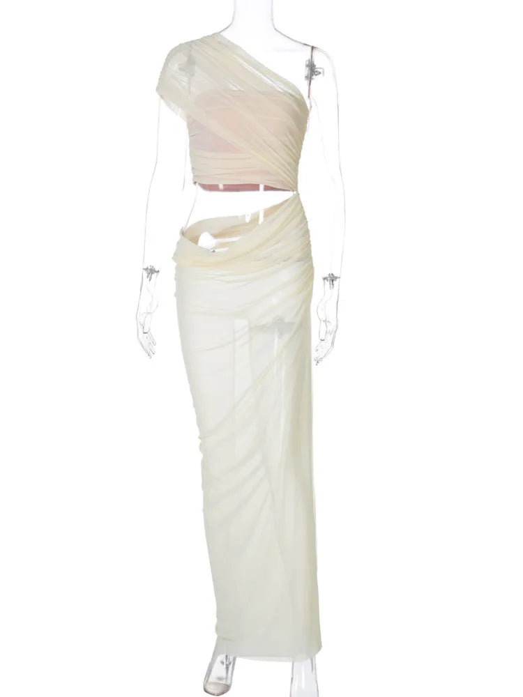 Mesh Backless One - Shoulder Long Dress