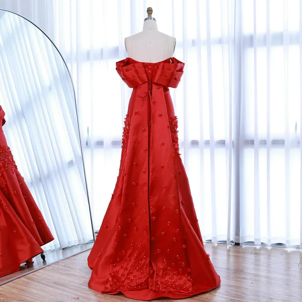 Zapdress Customized Elegant Red Off-Shoulder Evening Gowns with Floral Satin Arabic Party Prom Dress for Women (ZD17365)