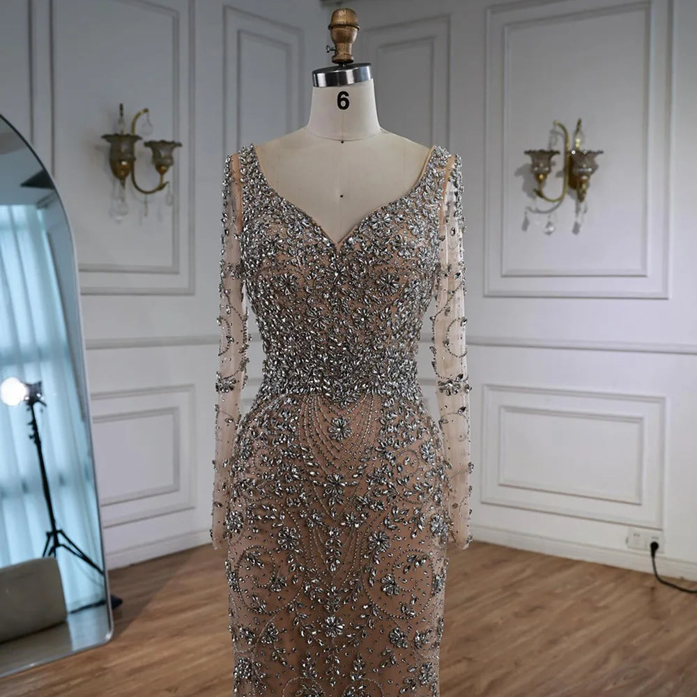 Zapdress Turquoise V-neck Long Sleeve Mermaid Beaded Evening Dresses 2025 Luxury Party Gowns for Women DLA73042 Customized (ZD17314)