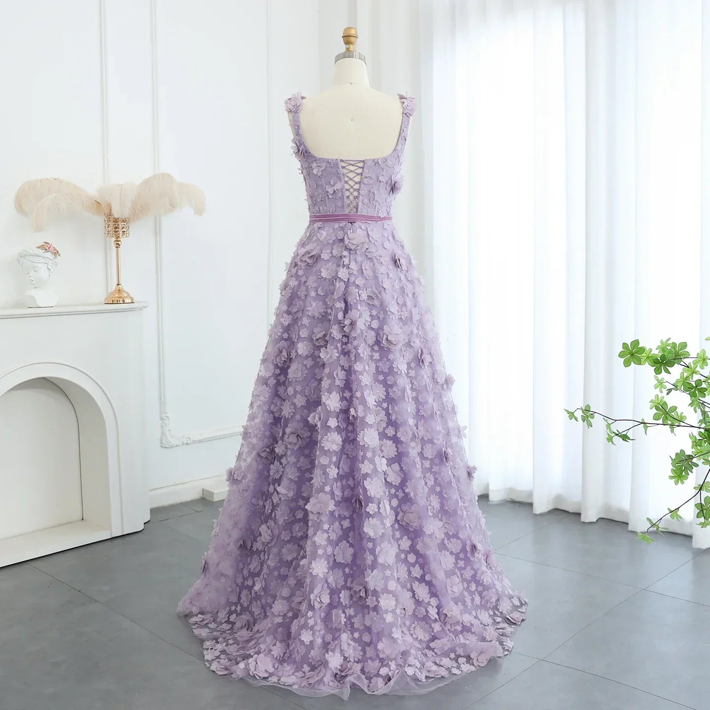 Lilac 3D Embroidered Flowers High Slit Evening Dress