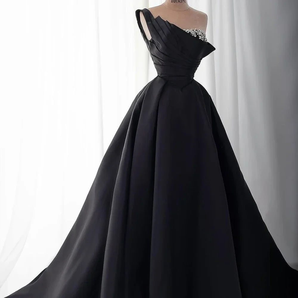 Zapdress 2025 Elegant Black One-Shoulder A Line Beaded Evening Dresses Gowns with Sleeveless For Party DLA72741 Customized (ZD17183)