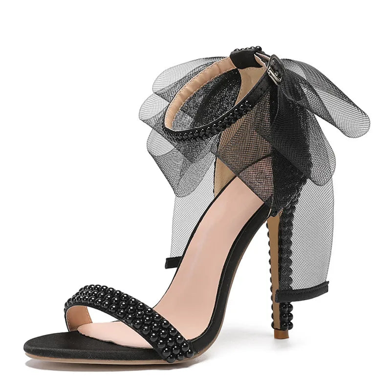 Summer New brand Fashion Bowknot Beading Women Gladiator Sandals Luxury Pearls White thin High heels Wedding Bridal Party Shoes Black