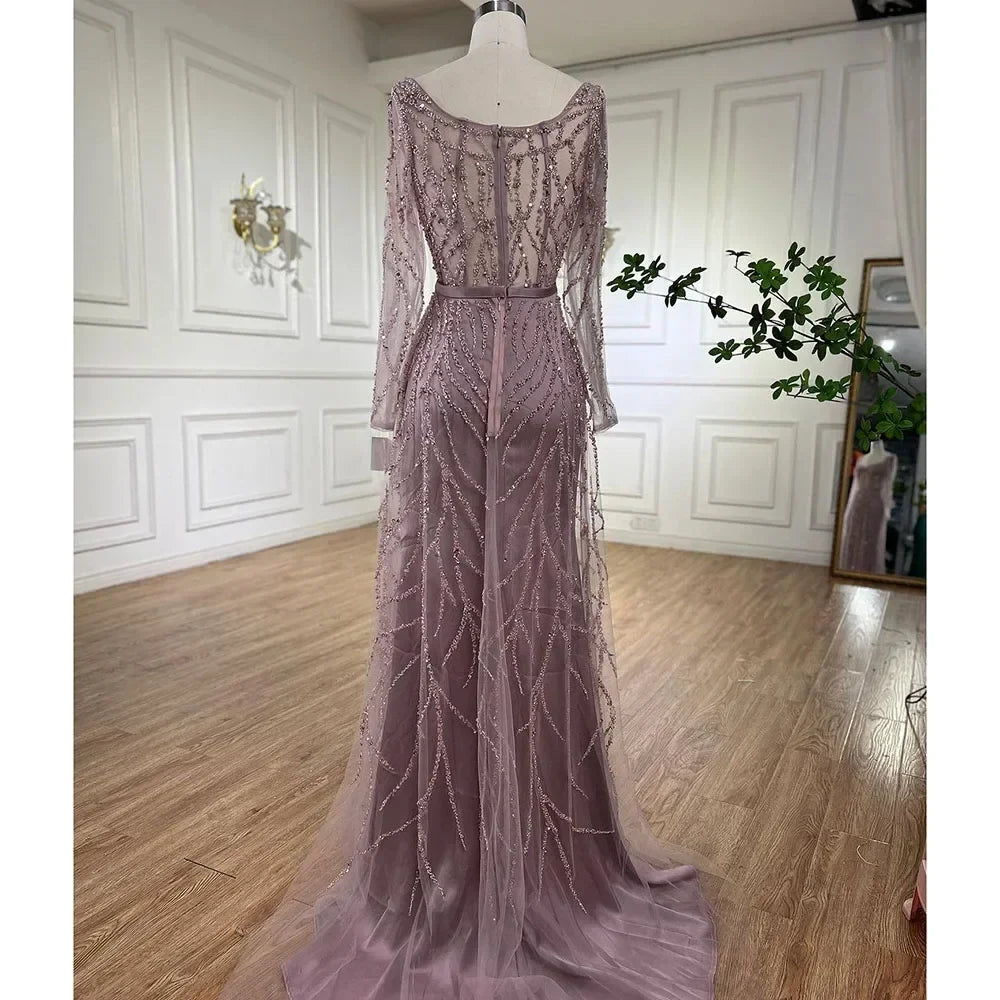 Zapdress Customized Pink Long Sleeves Mermaid Split Beaded Two Pieces Evening Dresses 2025 Party Gowns For Women (ZD17350)