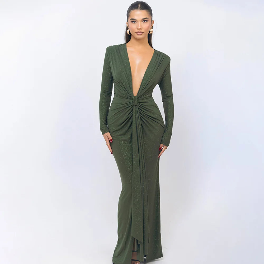 Elastic Deep V - Fold Lace Maxi Dress