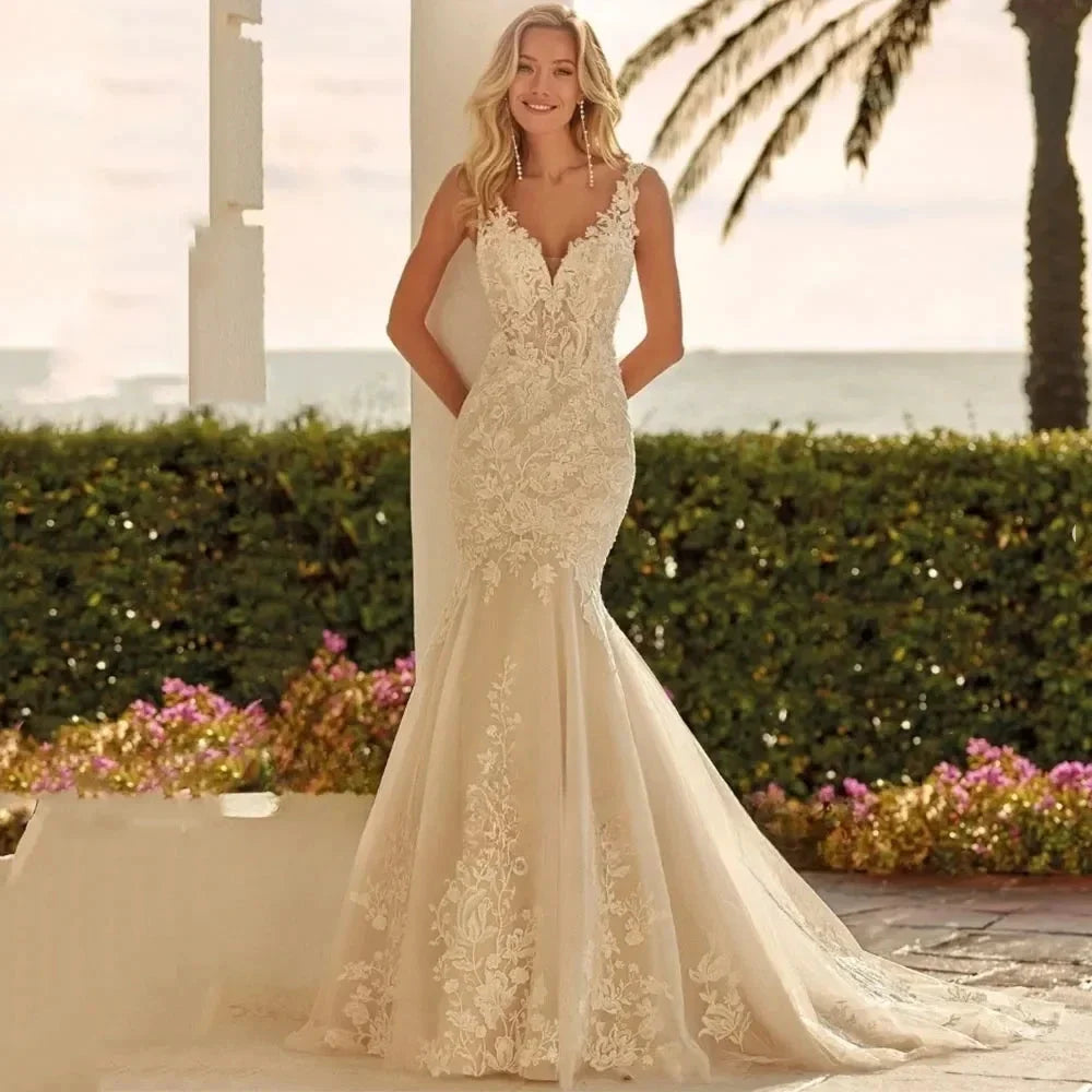 V-Neck Mermaid Wedding Dresses Sleeveless Sexy Backless Vestidos De Novia Applqiues Vestido De Noiva (ZD14044)