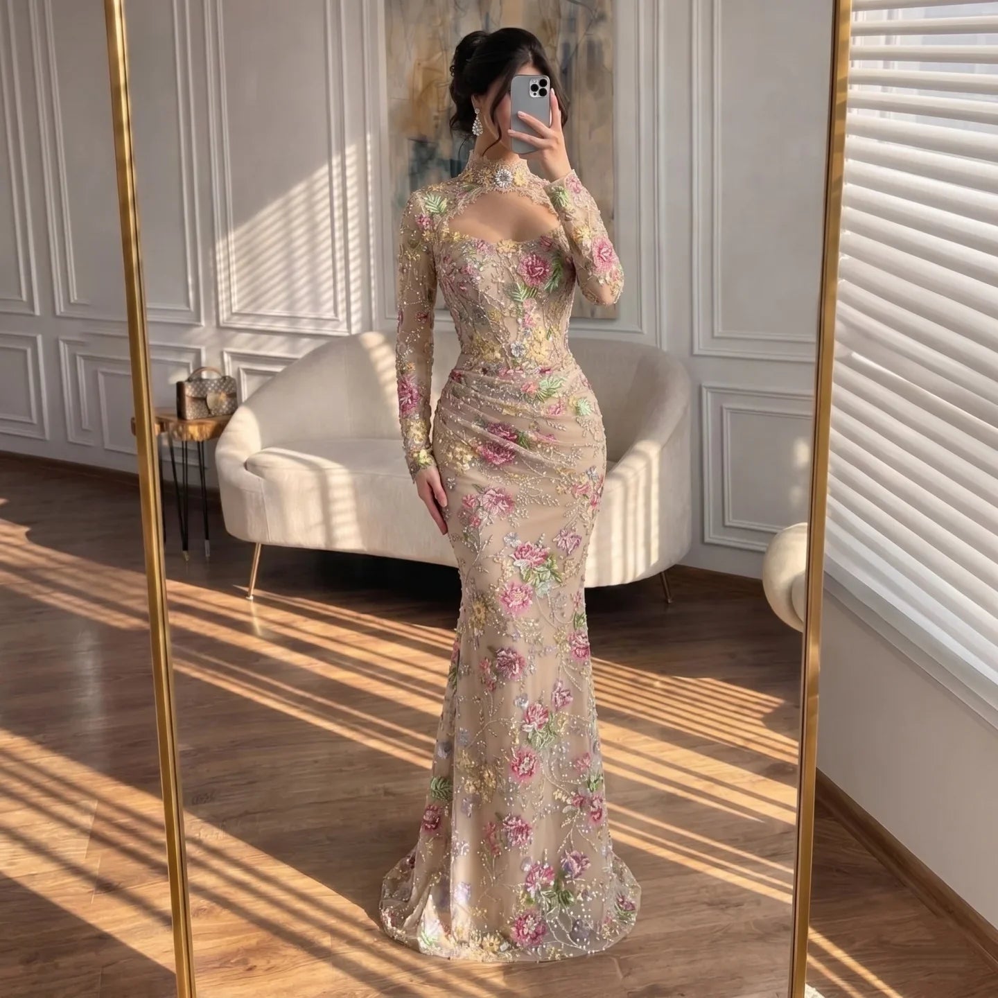 Zapdress Mermaid Long Sleeves Evening Dress Flower Pattern Formal Wedding Party Gowns for Women 2026 DLA73552F Customized (ZD17291)