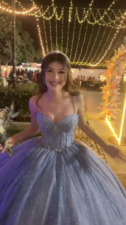 Glitter Spaghetti Straps Blue Tulle Sequin Beaded Ball Gown Formal Birthday Quinceanera Dress - View 6 | VelvetHem