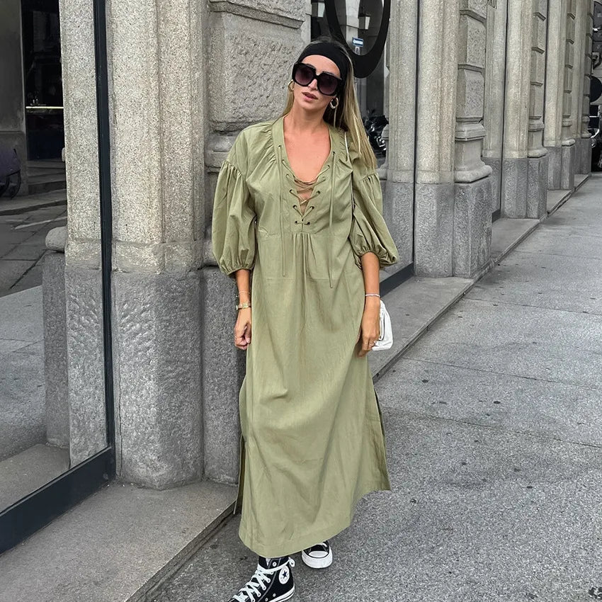 Casual Street Lace Up Long Dresses Women Chic Loose V neck Side Slit Solid Dress Female Summer Versatiel Street Party Robes