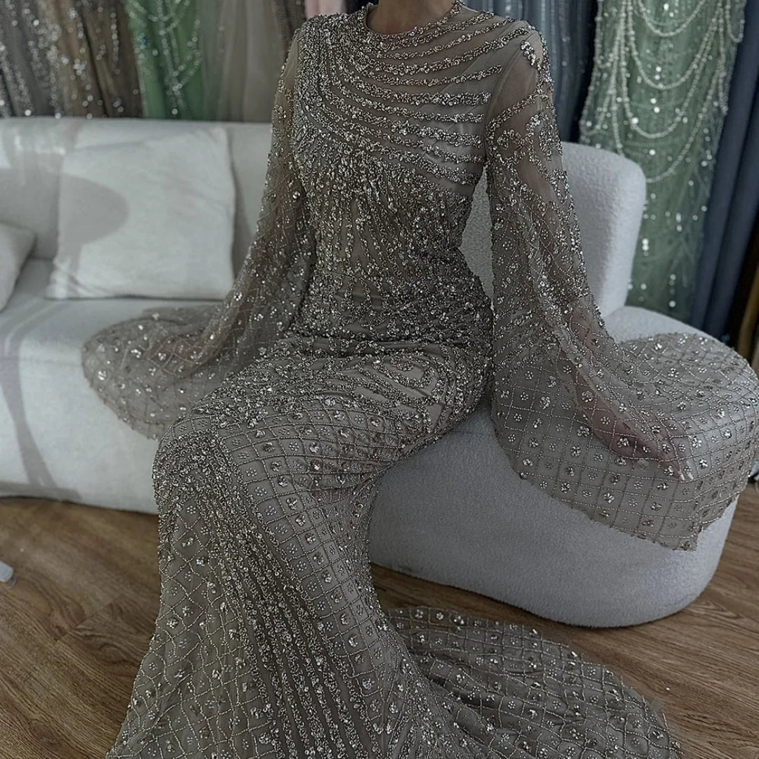 Zapdress 2025 Flared Sleeves Caramel Beaded Dubai Mermaid Evening Dresses Gowns for Party DLA72771 Customized (ZD17272)