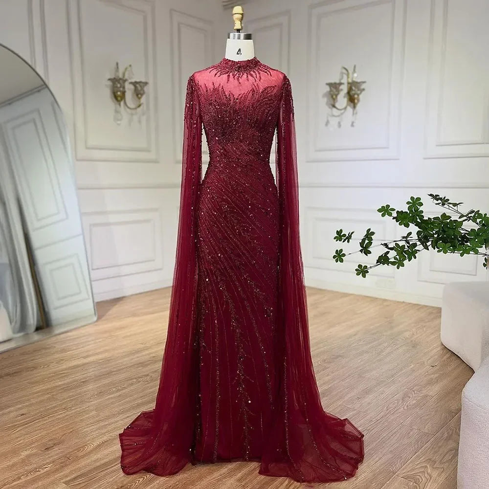 Zapdress Customized Caramel Mermaid Beaded Cape Sleeves Evening Dresses 2024 Dubai Party Gowns for Women Wedding DLA71885A (ZD17280)