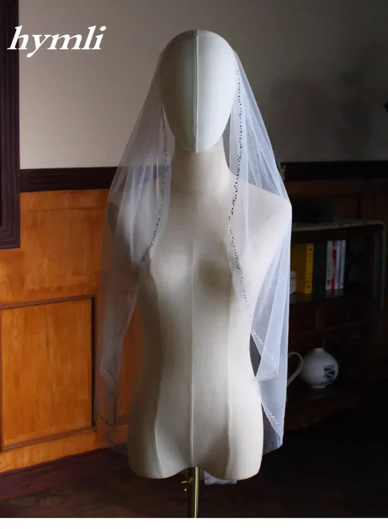 New Style 1 Tier Fingertip length Wedding Veil Tulle Crystal Bridal Veil Cut Edge