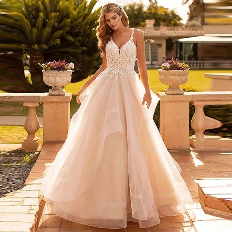 Appliques Vestido De Noiva Sexy V-neck Vestidos De Novia Spaghetti Straps Wedding Dresses Lace Robe De Mariée by payinti