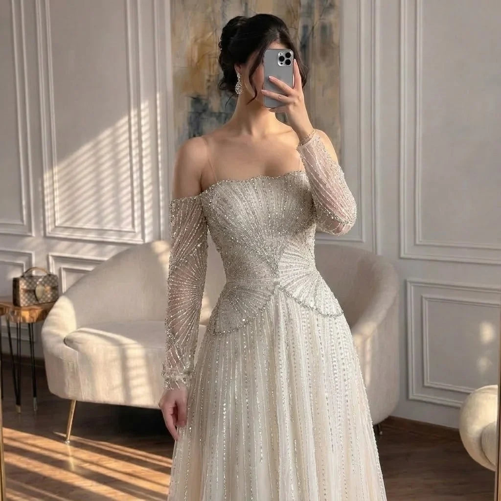 Zapdress Customized Off Shoulder Long Sleeves A-line Prom Dress for Women Formal Wedding Party Evening Gowns (ZD17263)