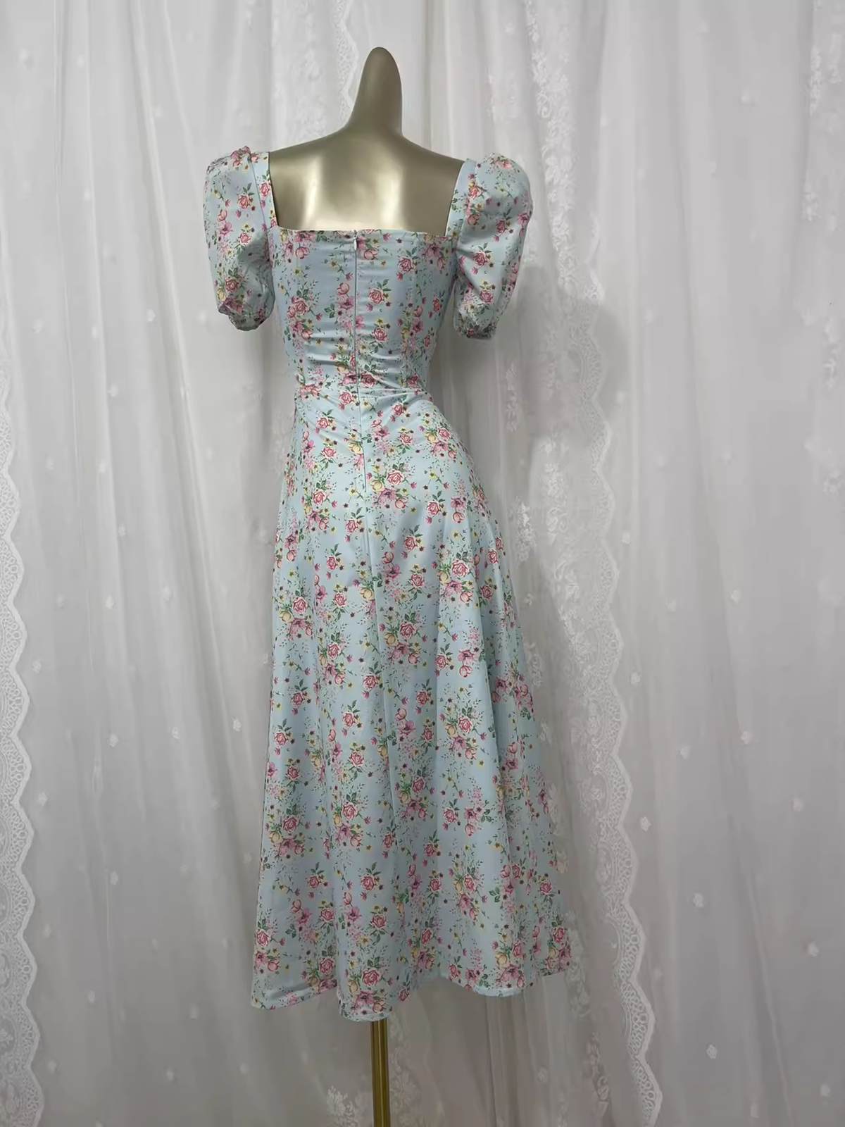 Vintage A line Square Neckline Floral Vacation Beach Dress Birthday Dress - View 2 | VelvetHem