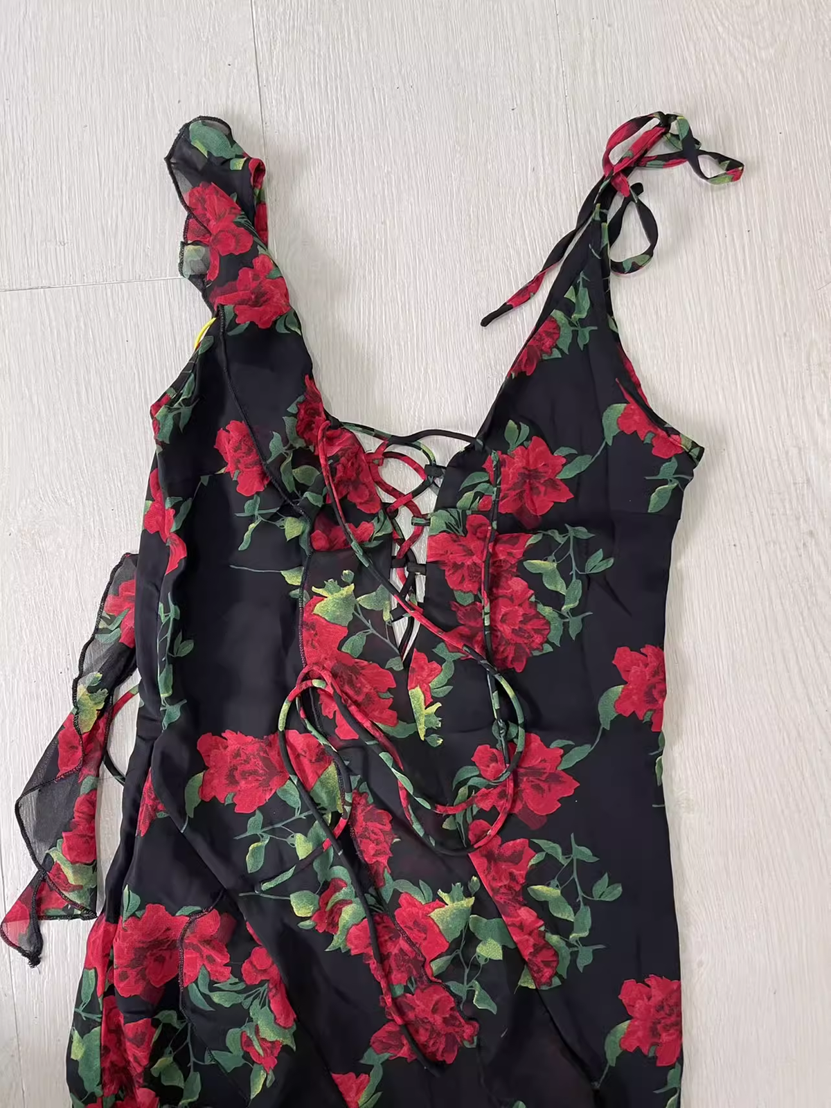 Vintage A line Spaghetti Straps Red Rose Travel Vacation Floral Beach Dress Birthday Outfits - View 4 | VelvetHem