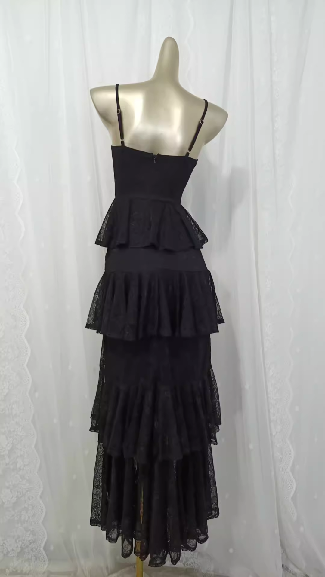 Vintage A line Spaghetti Straps Lace Vacation Black Beach Dress Long Dress - View 2 | VelvetHem