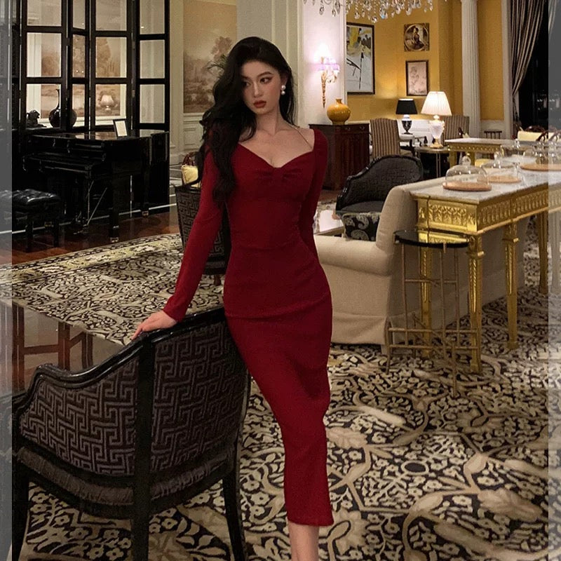 Classy Sheath V Neckline Long Sleeves Red Prom Dresses Birthday Outfits Evening Gown - View 3 | VelvetHem