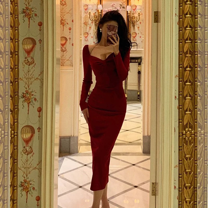 Classy Sheath V Neckline Long Sleeves Red Prom Dresses Birthday Outfits Evening Gown - View 4 | VelvetHem