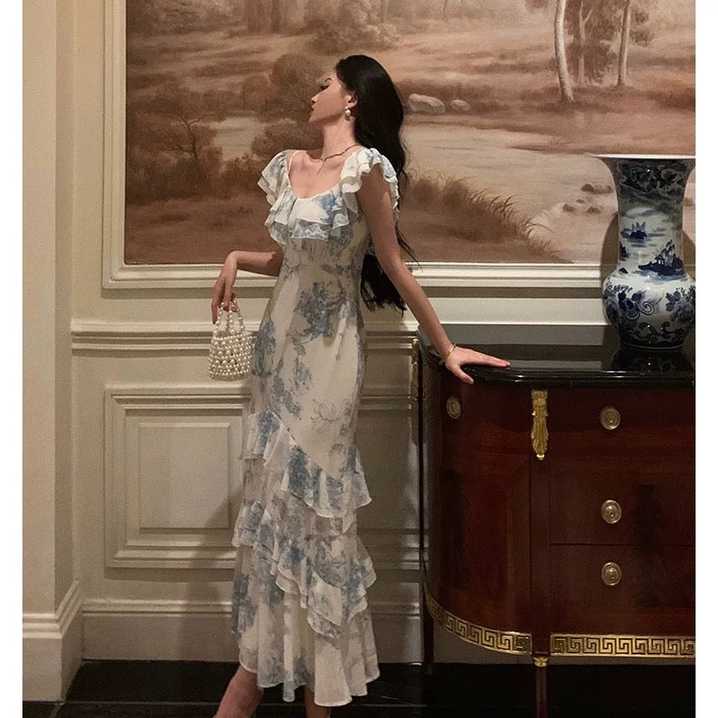 Sexy French Sheath Blue Floral Ruffles Prom Dresses Birthday Outfits Evening Gown - View 3 | VelvetHem