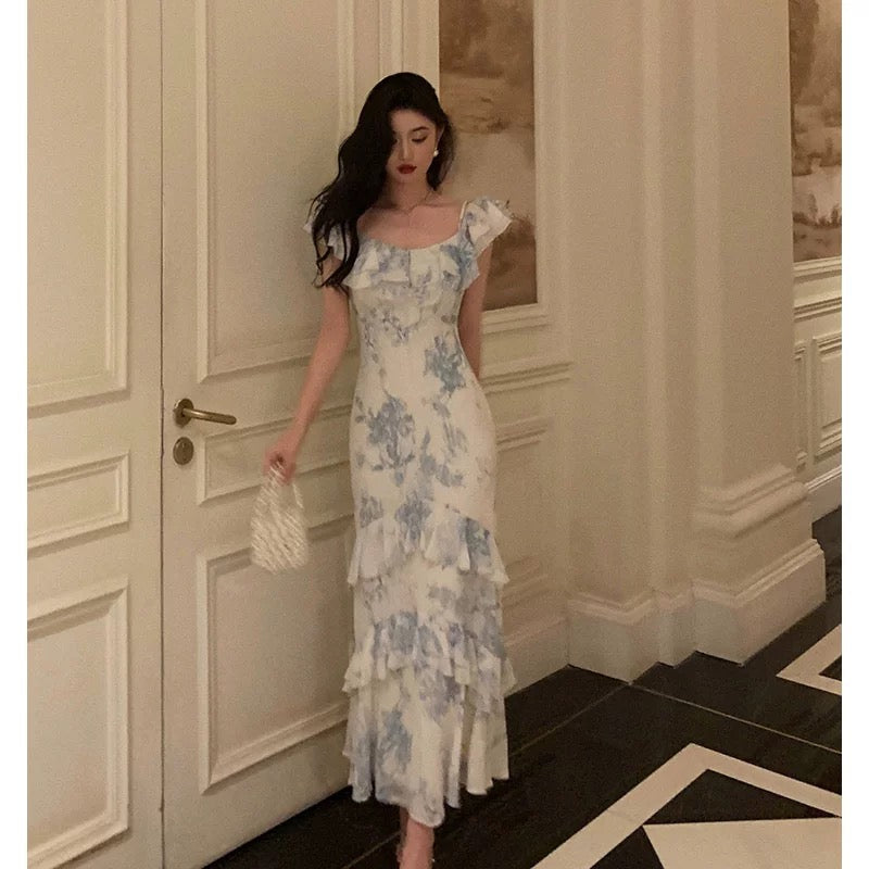 Sexy French Sheath Blue Floral Ruffles Prom Dresses Birthday Outfits Evening Gown - View 4 | VelvetHem