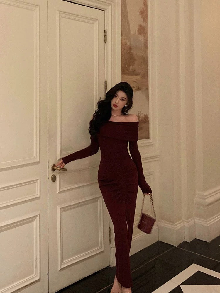 Sexy French Sheath Off The Shoulder Burgundy Split Prom Dresses Birthday Outfits Evening Gown - View 5 | VelvetHem