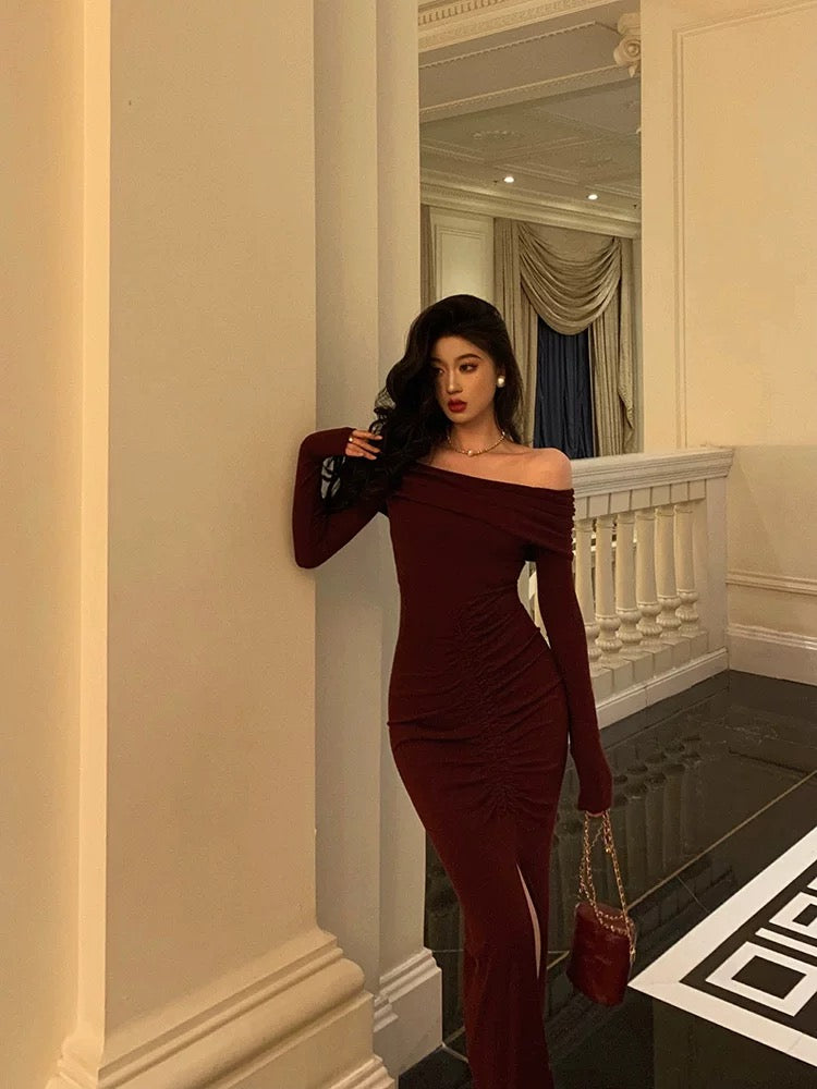 Sexy French Sheath Off The Shoulder Burgundy Split Prom Dresses Birthday Outfits Evening Gown - View 2 | VelvetHem