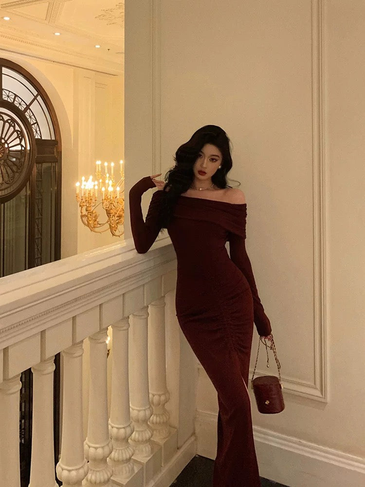 Sexy French Sheath Off The Shoulder Burgundy Split Prom Dresses Birthday Outfits Evening Gown - View 4 | VelvetHem