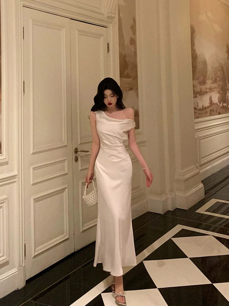 Sexy French Sheath One Shoulder White Prom Dresses Birthday Outfits Evening Gown - View 4 | VelvetHem