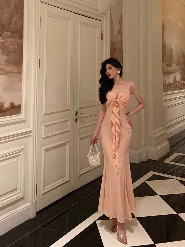 Gorgeous Sheath Spaghetti Straps Pink Chiffon Date Night Dress Long Prom Dresses Birthday Outfits
