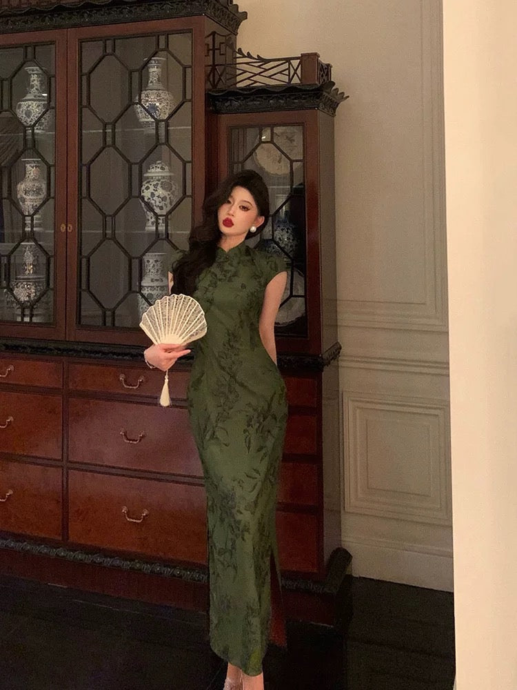 Gorgeous Sheath High Neckline Short Sleeves Green Date Night Dress Long Prom Dresses Birthday Outfits - View 2 | VelvetHem