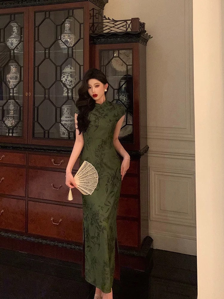Gorgeous Sheath High Neckline Short Sleeves Green Date Night Dress Long Prom Dresses Birthday Outfits - View 3 | VelvetHem