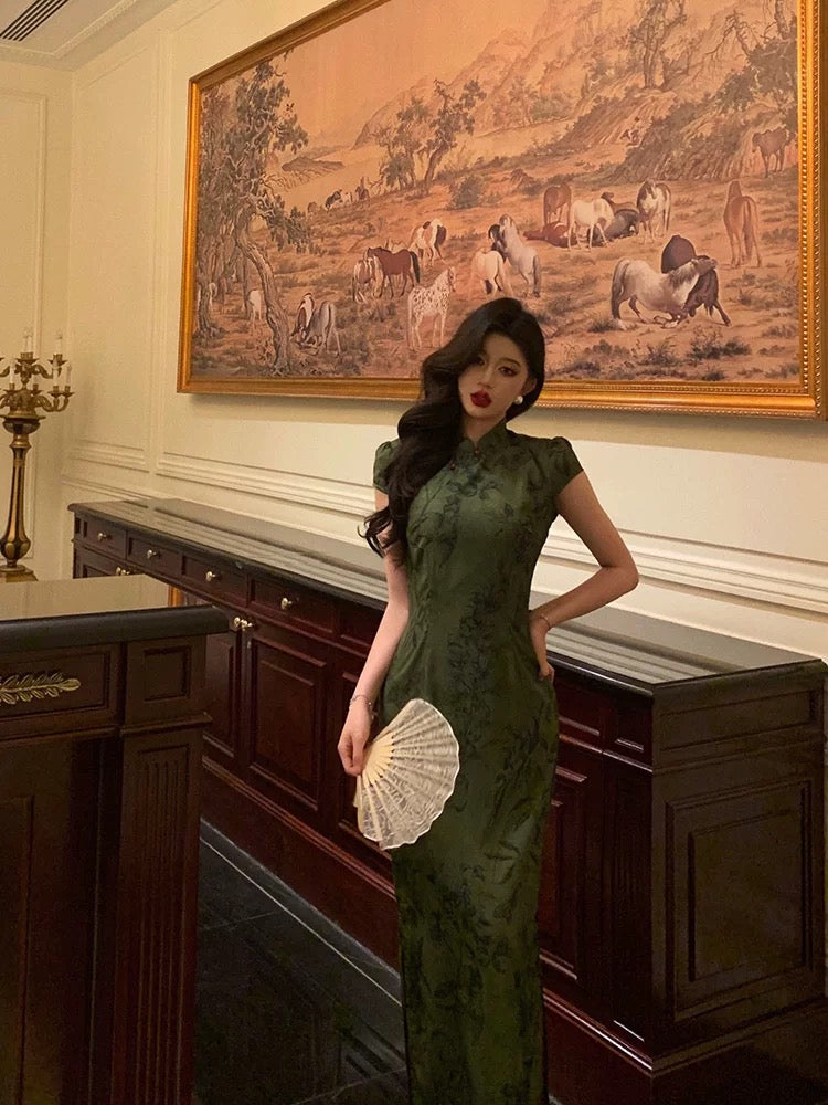 Gorgeous Sheath High Neckline Short Sleeves Green Date Night Dress Long Prom Dresses Birthday Outfits - View 5 | VelvetHem