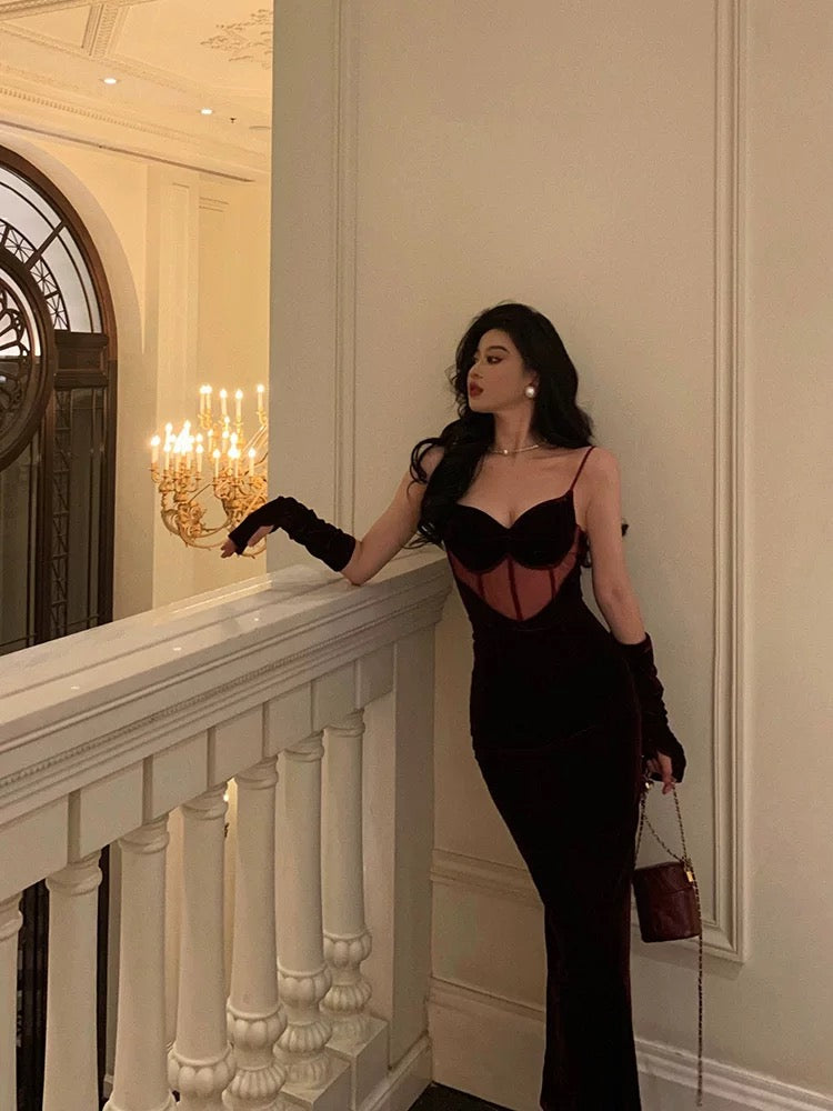 Gorgeous Mermaid Spaghetti Straps Date Night Dress Burgundy Velvet Long Prom Dresses Birthday Outfits