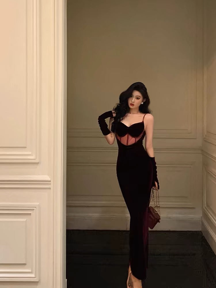 Gorgeous Mermaid Spaghetti Straps Date Night Dress Burgundy Velvet Long Prom Dresses Birthday Outfits