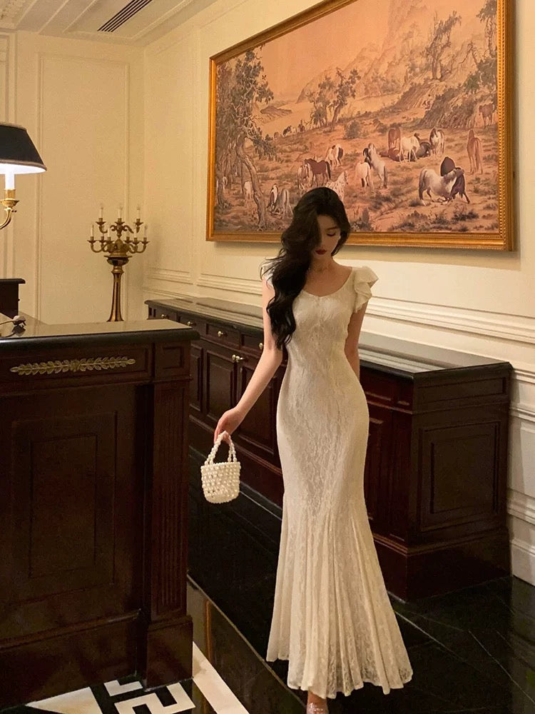 Gorgeous Mermaid Straps Date Night Dress White Lace Long Prom Dresses Birthday Outfits