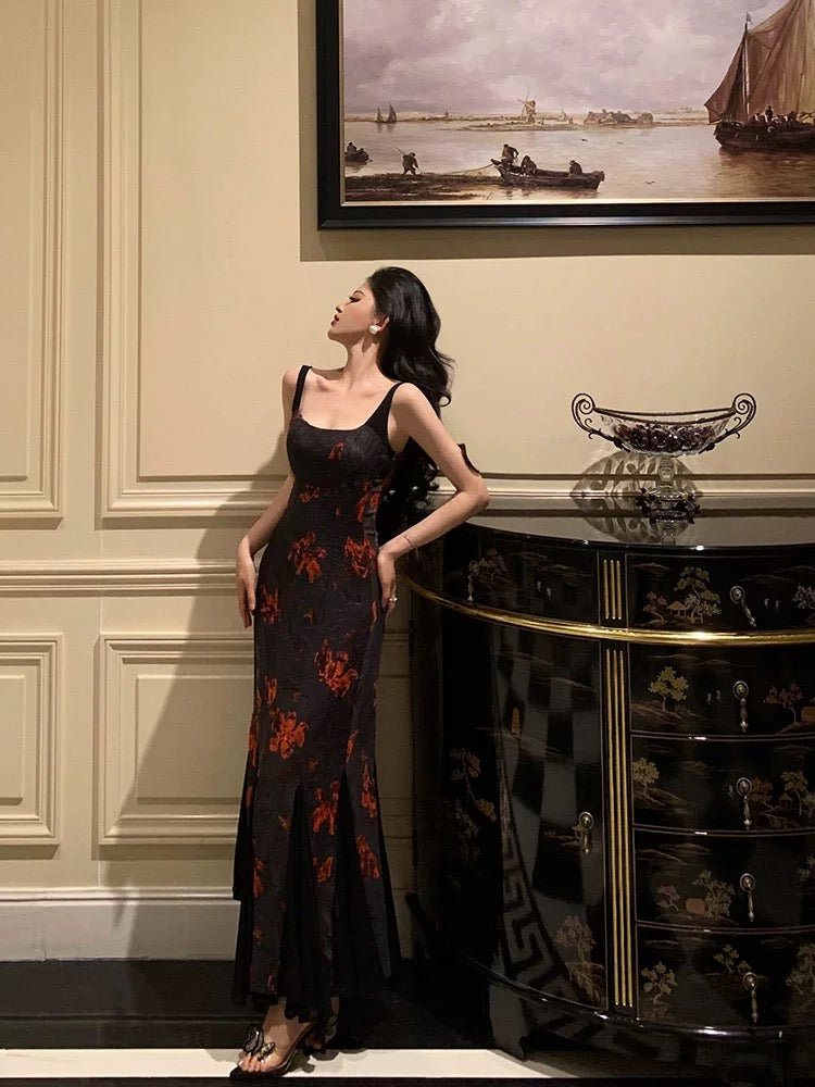 Classy Sheath Straps Black Floral Prom Dresses Birthday Outfits Evening Gown - View 2 | VelvetHem