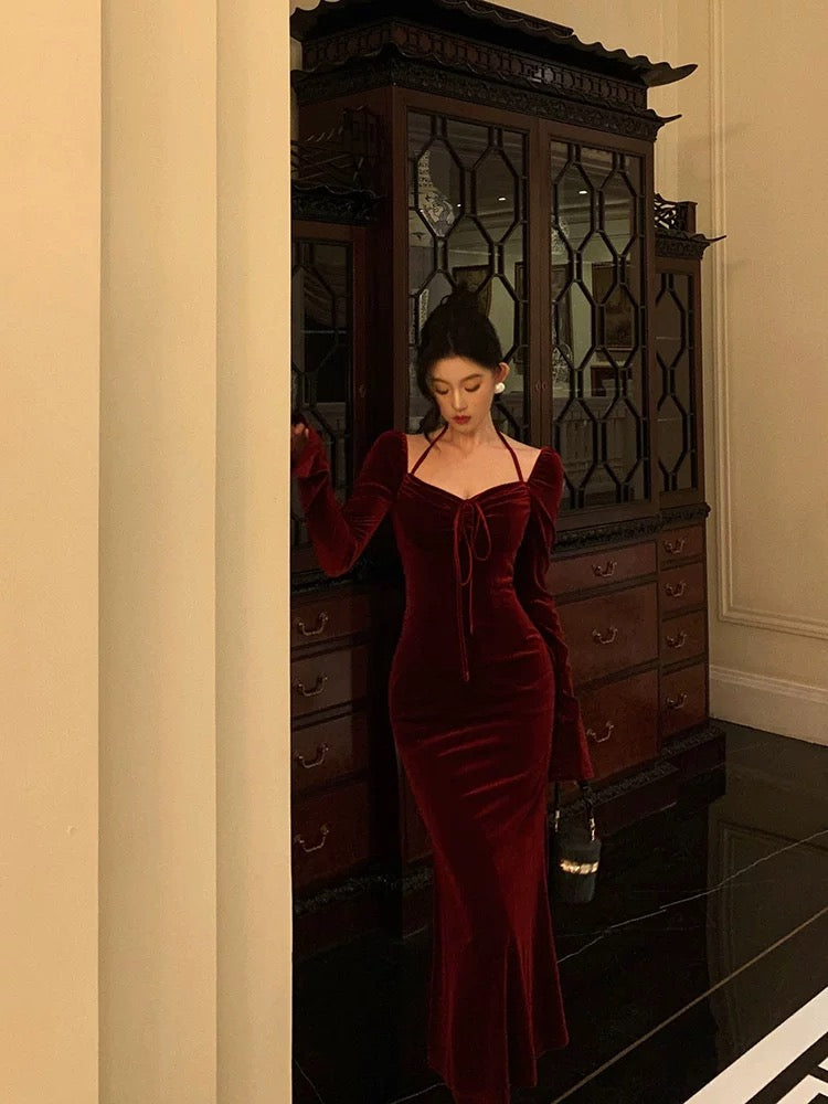 Gorgeous Mermaid Halter Burgundy Date Night Dress Prom Dresses Birthday Outfits