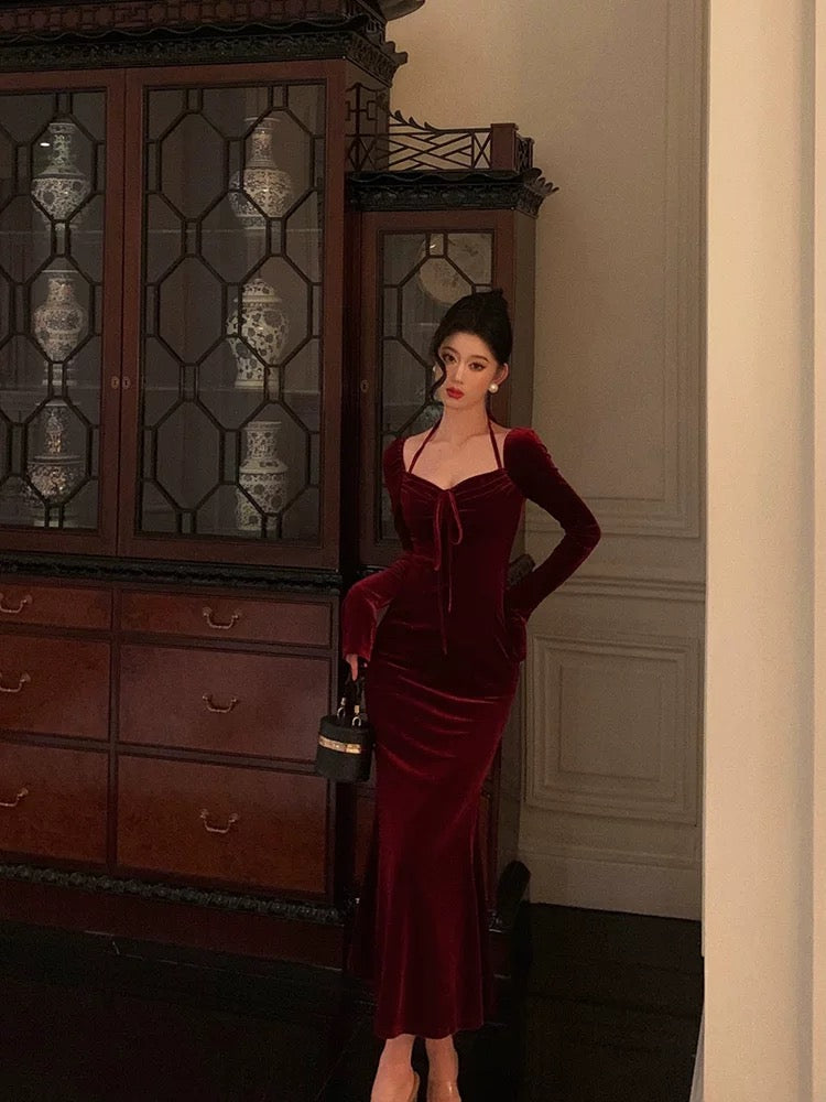 Gorgeous Mermaid Halter Burgundy Date Night Dress Prom Dresses Birthday Outfits