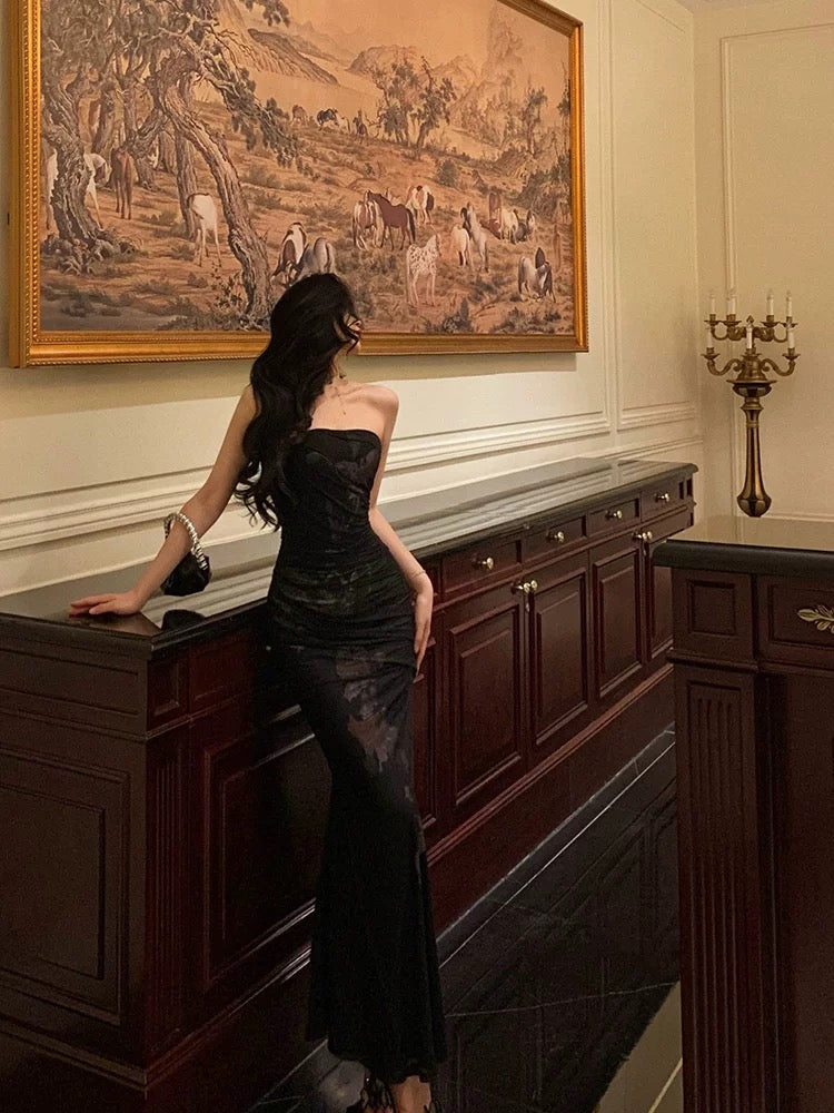 Classy Sheath Strapless Black Floral Prom Dresses Birthday Outfits Evening Gown - View 4 | VelvetHem