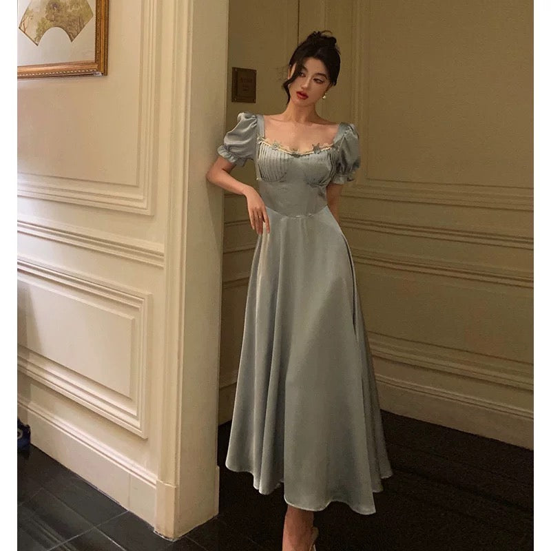 Classy A Line Sweetheart Blue Satin Prom Dresses Birthday Outfits Evening Gown - View 2 | VelvetHem