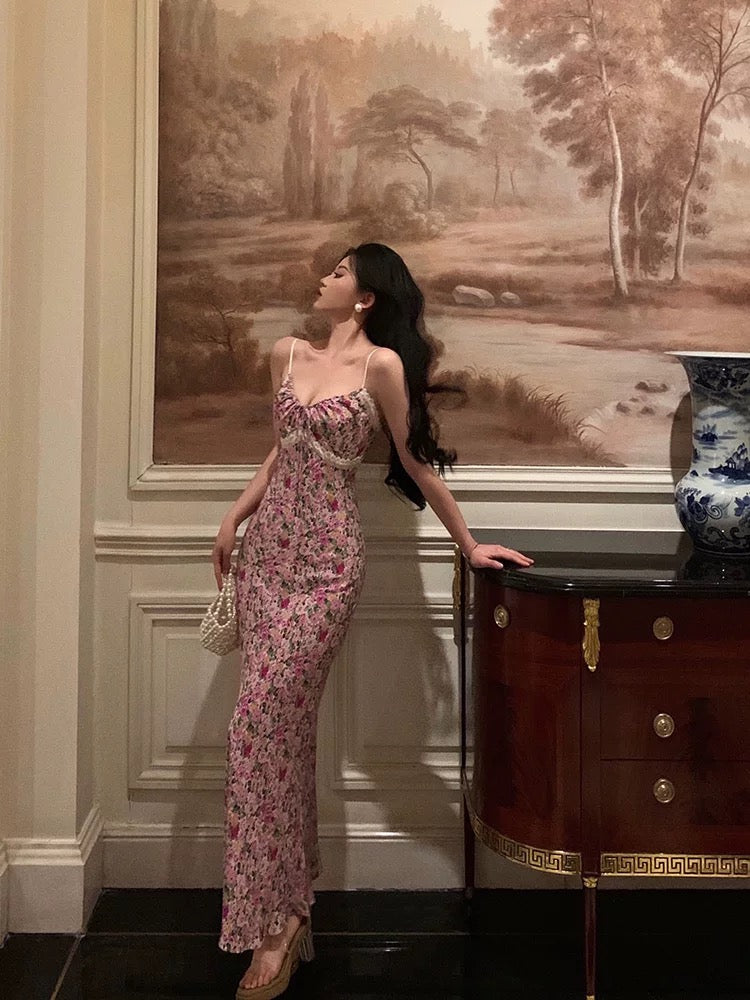 Gorgeous Mermaid Spaghetti Straps Pink Floral Date Night Dress Long Prom Dresses Birthday Outfits - View 3 | VelvetHem