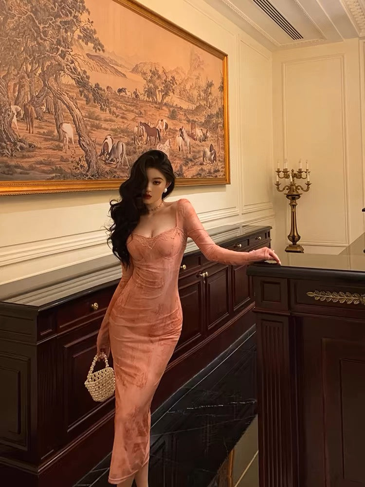 Gorgeous Sheath Square Neckline Long Sleeves Pink Lace Date Night Dress Long Prom Dresses Birthday Outfits