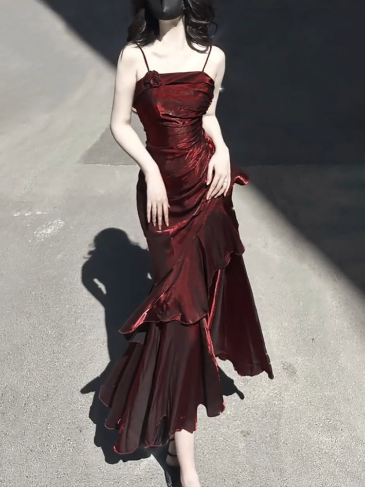 Chic A line Spaghetti Straps Christmas Dress Burgundy Birthday Dresses Birthday Outfits