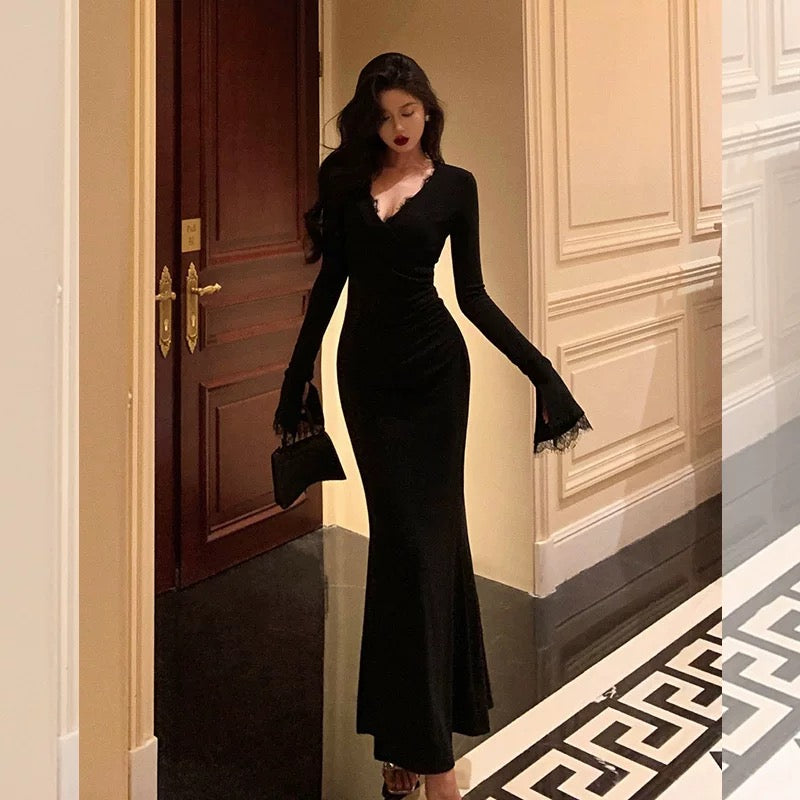 Classy Mermaid V Neckline Long Sleeves Black Prom Dresses Birthday Outfits