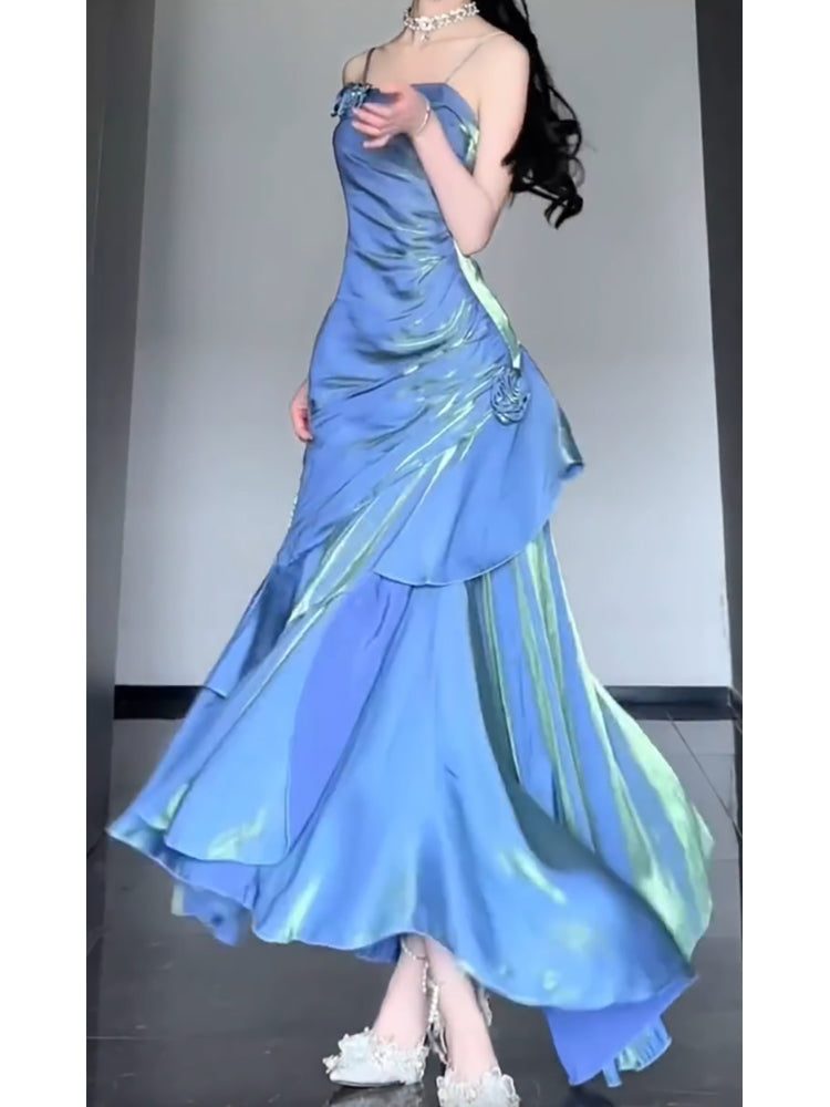 Sexy Mermaid Spaghetti Straps Blue Long Prom Dresses Night Dress Birthday Outfits