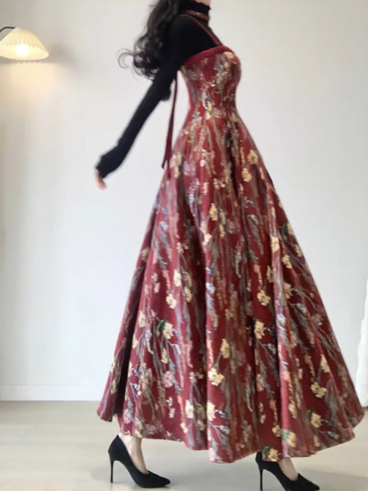 Vintage A line Spaghetti Straps Red Floral Long Birthday Dresses Prom Dress Birthday Outfits - View 3 | VelvetHem