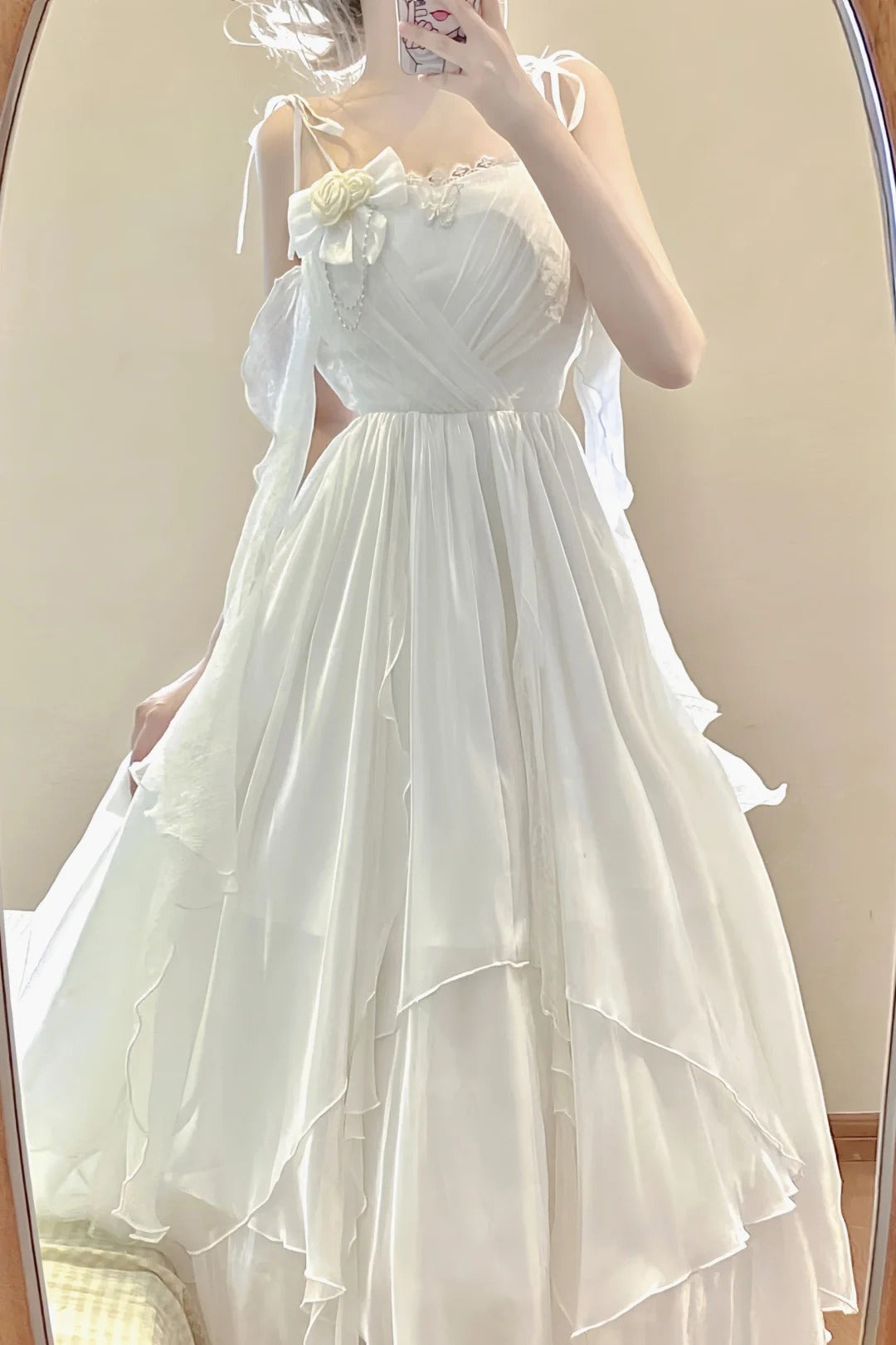 Vintage A line Spaghetti Straps White Floral Long Birthday Dresses Prom Dress Chiffon Birthday Outfits