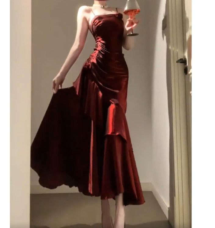 Vintage Sheath Spaghetti Straps Burgundy Holiday Dress Birthday Dresses Birthday Outfit - View 3 | VelvetHem